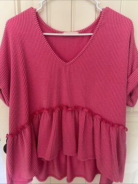 Jolie Hot Pink V-Neck Ruffle Blouse